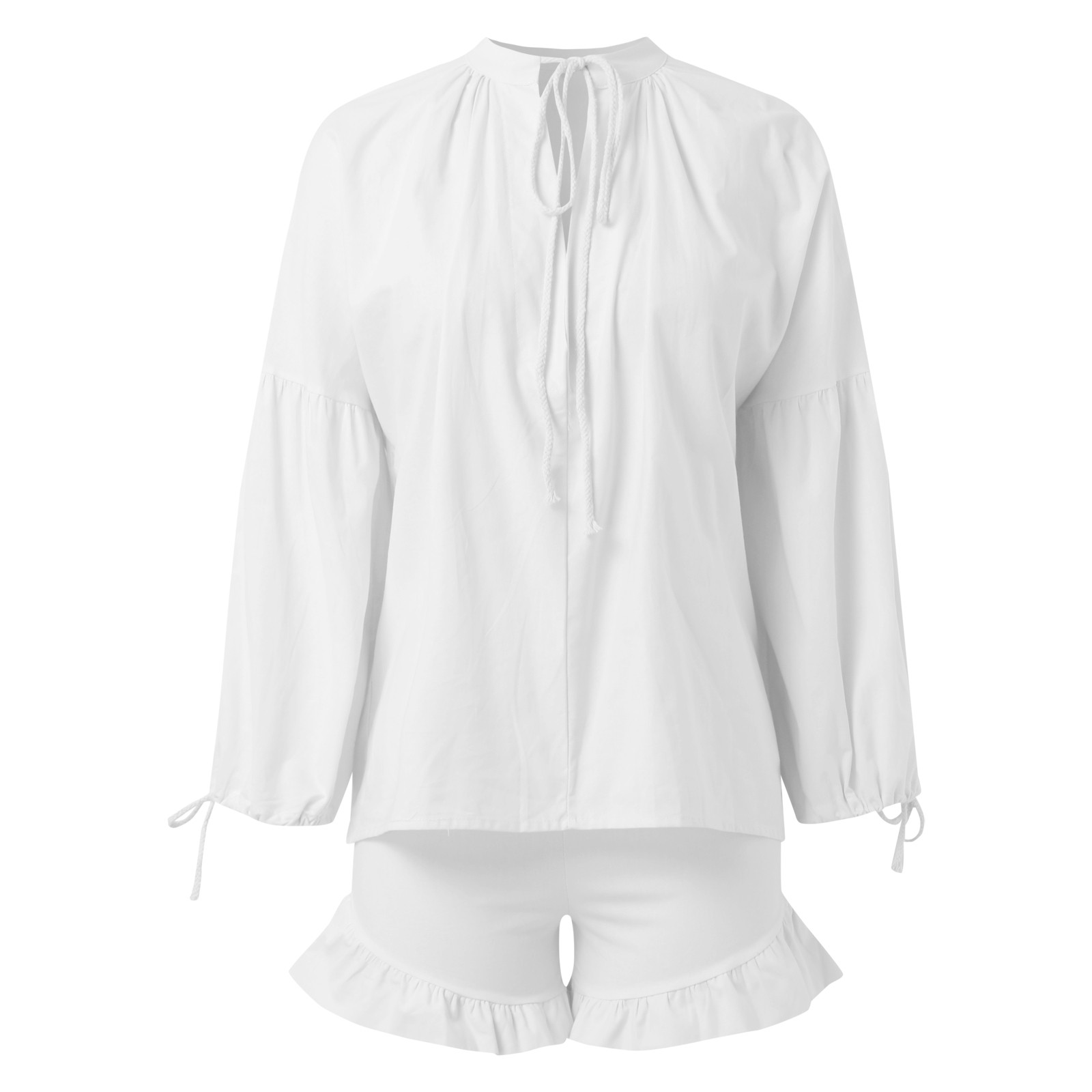 thumbnail image 4 of Conjunto de dos piezas de verano para mujer con camisa de cuello en V y manga corta y pantalones cortos: traje sexy y ajustado, tejido de poliéster, tallas S-XL para uso informal/vacaciones en la p, 4 of 5